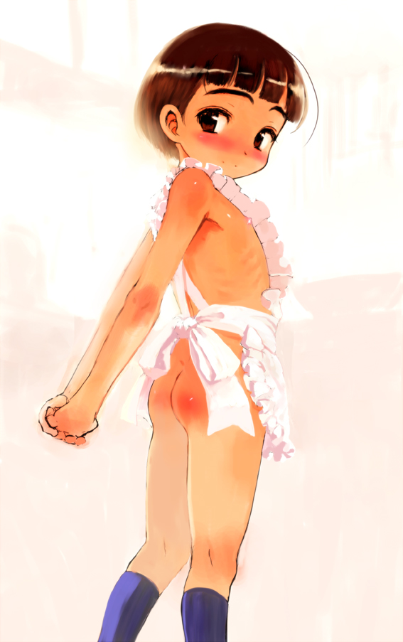 sasahara yuuki, copyright request, 1girl, apron, ass, blush, female focus, flat chest, loli, naked apron, nipples, socks, solo