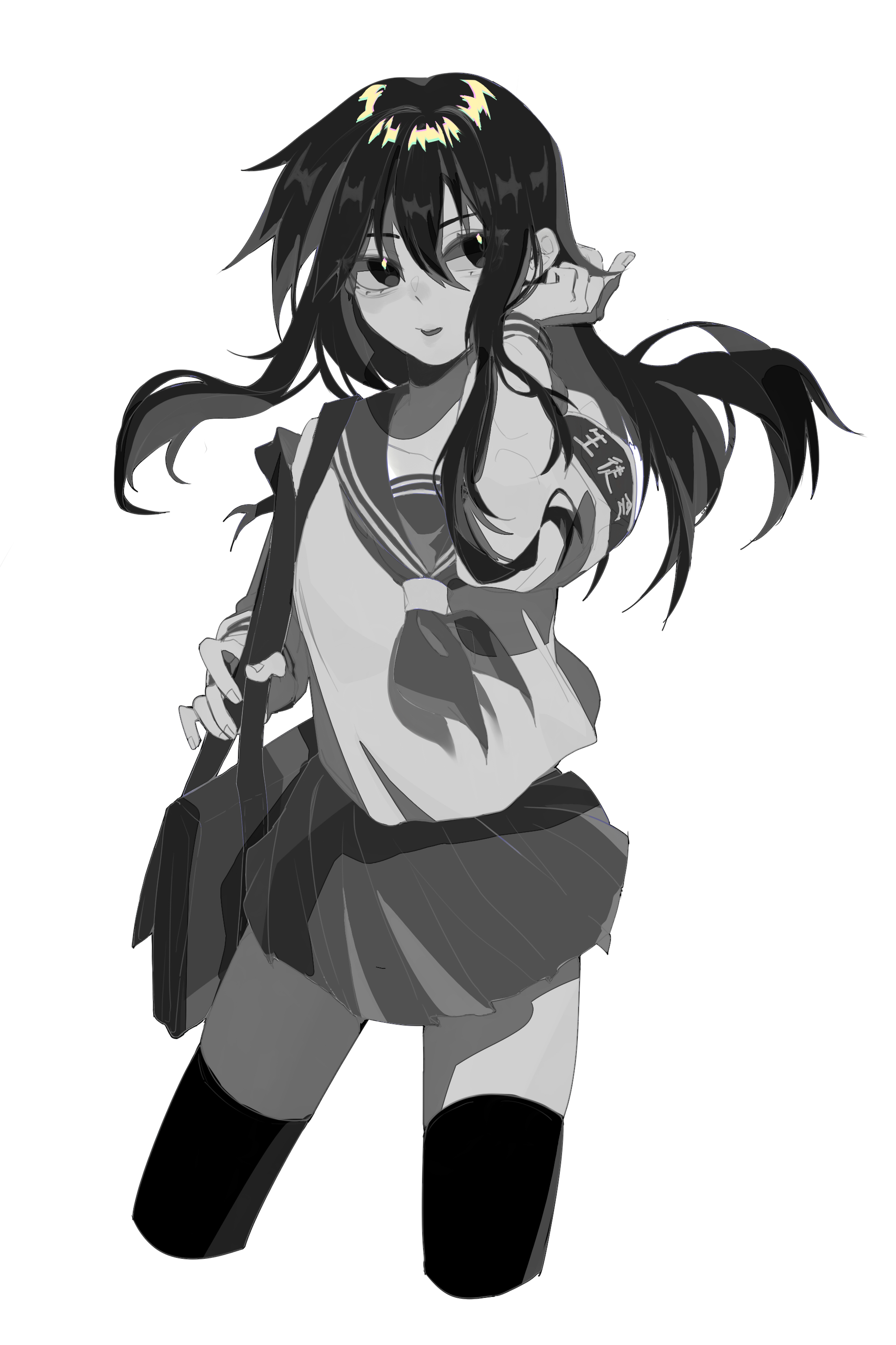 jiuming, kageyama ritsu, mob psycho 100, absurdres, chinese commentary, highres, 1girl, armband, bag, cropped legs, genderswap, genderswap (mtf), greyscale, hair between eyes, long hair, long sleeves, miniskirt, monochrome, neckerchief, parted lips, pleated skirt, sailor collar, salt middle school uniform, school bag, school uniform, serafuku, shirt, sidelocks, sideways glance, simple background, skirt, solo, standing, thighhighs, tucking hair, white background