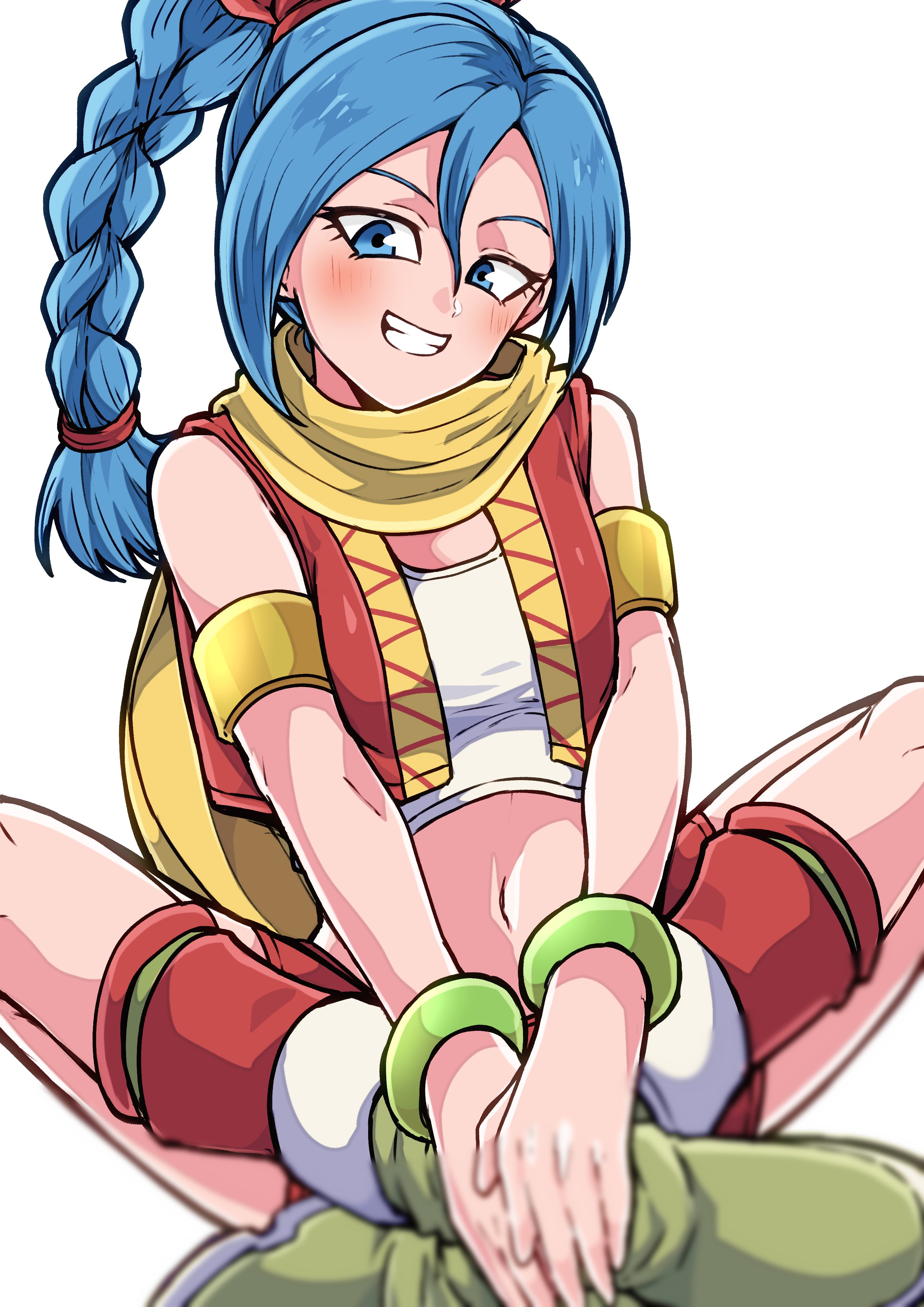 otyumamii, maya (dq11), dragon quest, dragon quest xi, gold armlet, absurdres, commentary request, highres, 1girl, armlet, blue eyes, blue hair, blurry, boots, bracelet, braid, braided ponytail, breasts, crop top, depth of field, green boots, grin, hair ribbon, high braid, high braided ponytail, indian style, jewelry, looking at viewer, navel, orange scarf, red ribbon, red shorts, red socks, red vest, ribbon, scarf, shirt, shorts, single braid, sitting, small breasts, smile, socks, solo, vest, white background, white shirt, yellow scarf