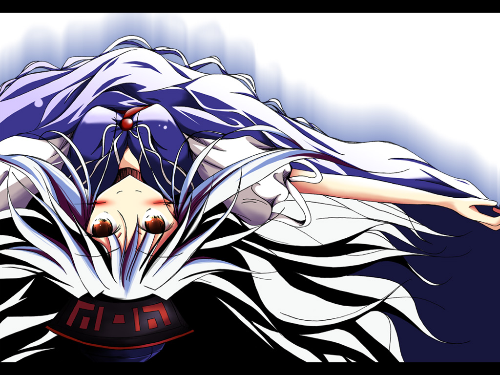 mashiroyu, kamishirasawa keine, touhou, silver hair, 1girl, blue dress, dress, female focus, from behind, head back, letterboxed, long hair, looking at viewer, looking back, lying, on back, outstretched arms, puffy short sleeves, puffy sleeves, red eyes, short sleeves, solo, very long hair
