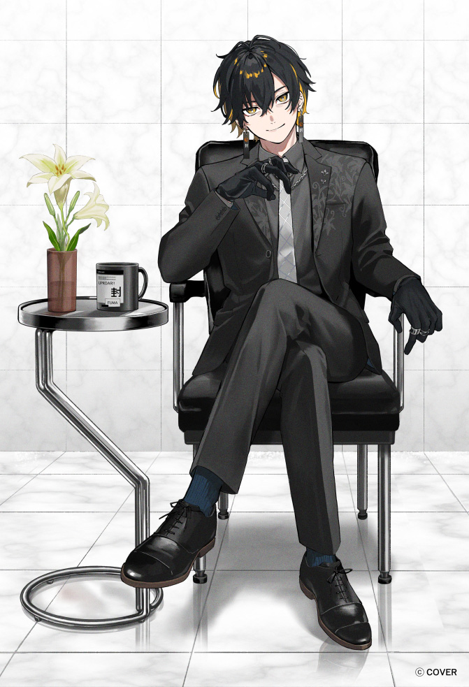 arisaka ako, yatogami fuma, holostars, white lily, official art, 1boy, alternate costume, arm rest, black gloves, black hair, black jacket, black pants, black shirt, black shoes, black suit, blonde hair, blue socks, chain, chain necklace, chair, closed mouth, collared shirt, copyright notice, cross-laced shoes, crossed legs, cuff links, cup, double-parted bangs, dress pants, dress shoes, earrings, flower, formal clothes, full body, gloves, hair between eyes, hand up, jacket, jewelry, lapel pin, lapels, lily (flower), long sleeves, looking at viewer, male focus, marble (stone), mug, multicolored hair, multiple rings, necklace, necktie, notched lapels, open clothes, open jacket, pants, print necktie, ring, shirt, shoes, short hair, sitting, smile, socks, solo, straight-on, suit, suit jacket, table, tile floor, tile wall, tiles, two-tone hair, vase, virtual youtuber, white flower, white necktie, yellow eyes
