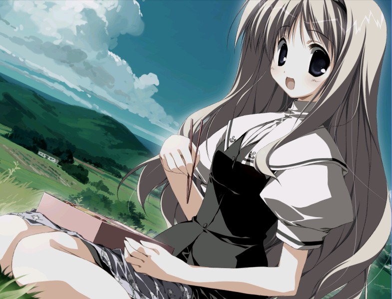 root after and another, 1girl, blush, eating, female focus, long hair, school uniform, serafuku, smile, solo