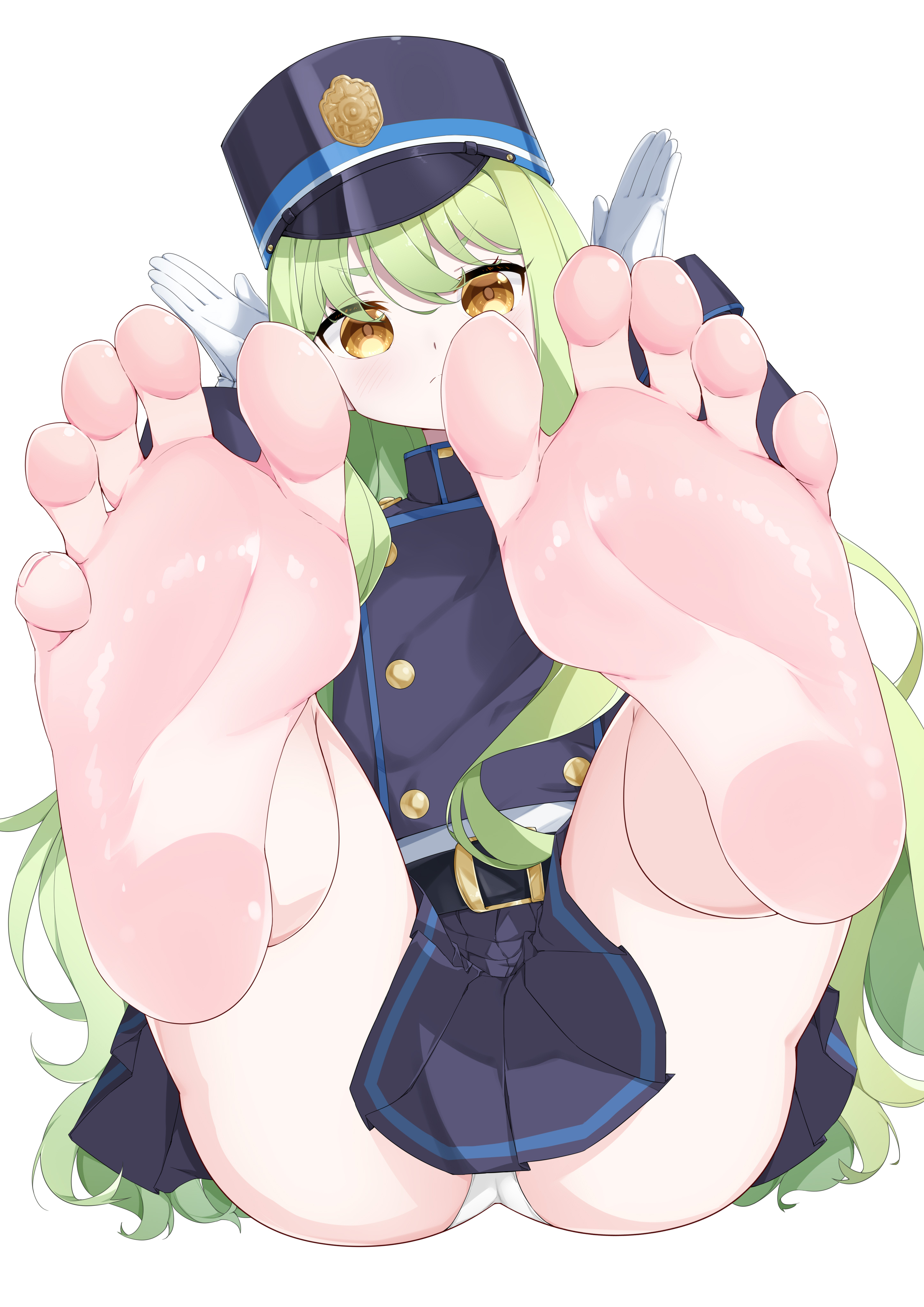 ganju wei 0v0, hikari (blue archive), blue archive, absurdres, highres, 1girl, barefoot, feet, green hair, hat, light blush, long hair, looking at viewer, panties, pantyshot, soles, toes, underwear, yellow eyes