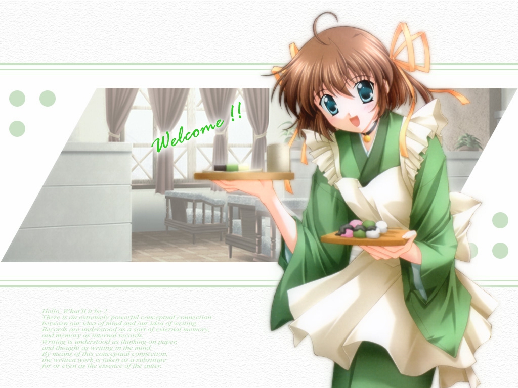 meme (uiroktkr), nanao naru, asakura nemu, da capo, da capo i, 00s, 1girl, bell, brown hair, choker, dango, english text, engrish text, female focus, food, jingle bell, ranguage, ribbon, sanshoku dango, skewer, smile, solo, uirou (food), wagashi, waitress