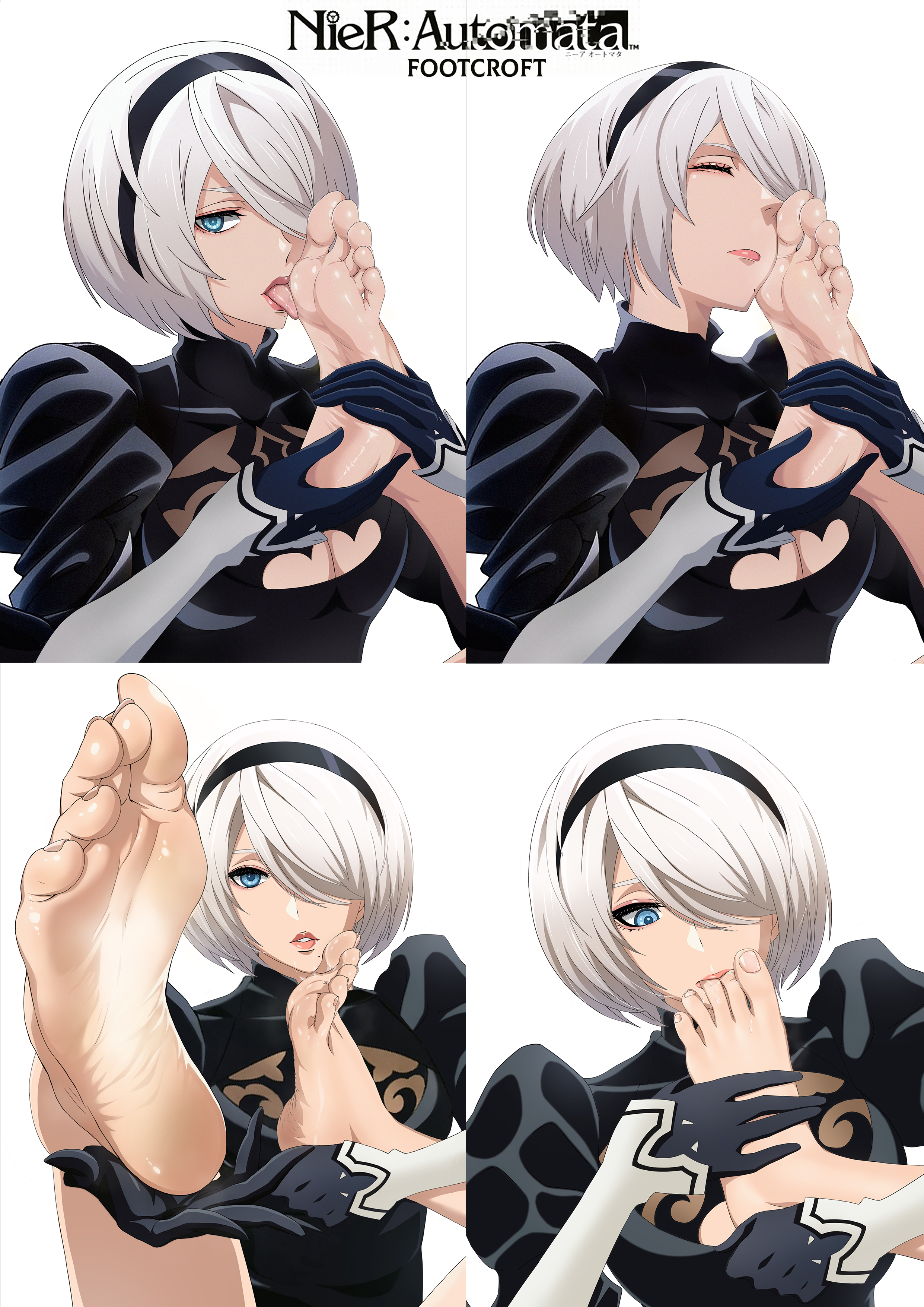 foot croft, 2b (nier:automata), nier:automata, nier (series), absurdres, commentary, english commentary, highres, 1girl, barefoot, black gloves, black hairband, blue eyes, bob cut, breasts, cleavage, cleavage cutout, closed eyes, clothing cutout, eyelashes, feet, foot focus, foot up, foreshortening, gloves, grey hair, hair over one eye, hairband, juliet sleeves, leg up, licking own foot, logo, long sleeves, looking at viewer, medium breasts, medium hair, mole, mole under mouth, multiple views, parted lips, puffy sleeves, simple background, soles, swept bangs, toenails, tongue, tongue out, upper body, white background