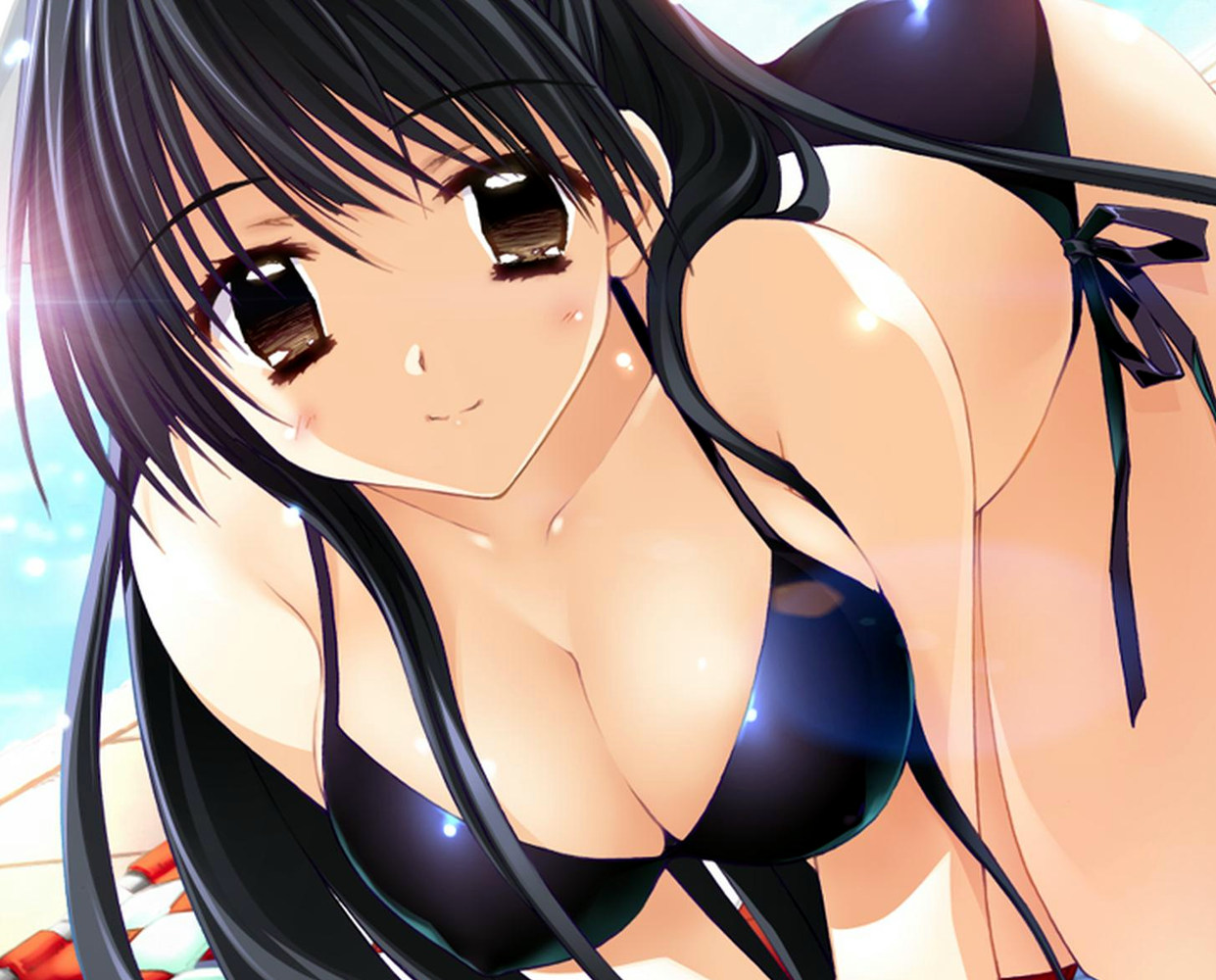 kadoi aya, hatsushiba riko, tamatama, 1girl, all fours, bikini, black bikini, black hair, blush, breasts, brown eyes, cleavage, close-up, dutch angle, female focus, large breasts, long hair, looking at viewer, pool, poolside, shiny clothes, side-tie bikini bottom, smile, solo, swimsuit