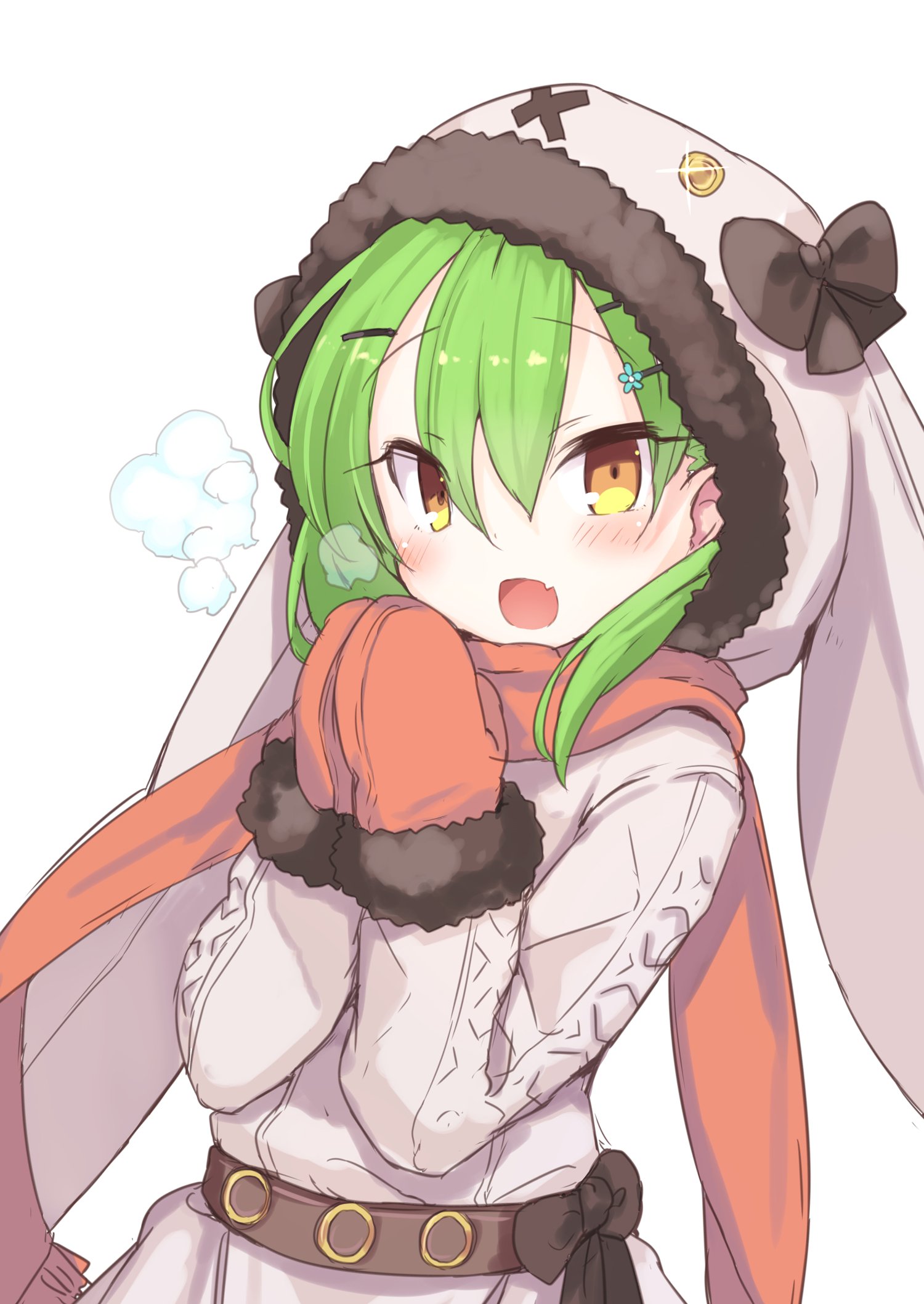 armadillon, emil chronicle online, highres, 1girl, animal hood, belt, breath, brown belt, brown ribbon, coat, fang, gloves, green hair, hair ornament, hairclip, hat, hat ribbon, hood, moran alma, open mouth, rabbit hood, red gloves, red scarf, ribbon, scarf, solo, white background, white coat, yellow eyes