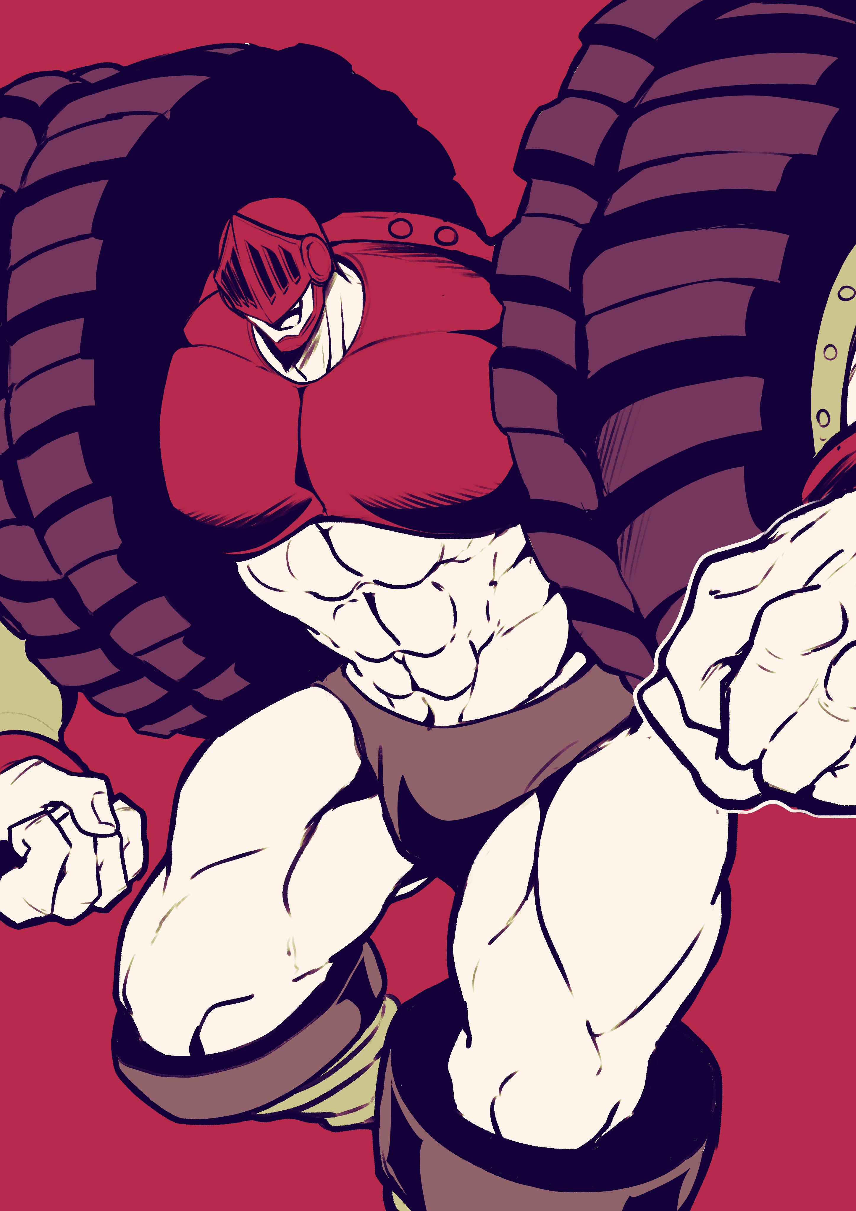 otyumamii, kinnikuman, absurdres, character request, commentary request, highres, 1boy, abs, armor, boots, clenched hands, covered eyes, helmet, knee boots, limited palette, male focus, muscular, muscular male, navel, open mouth, red armor, red background, red helmet, smile, solo, wrestling trunks