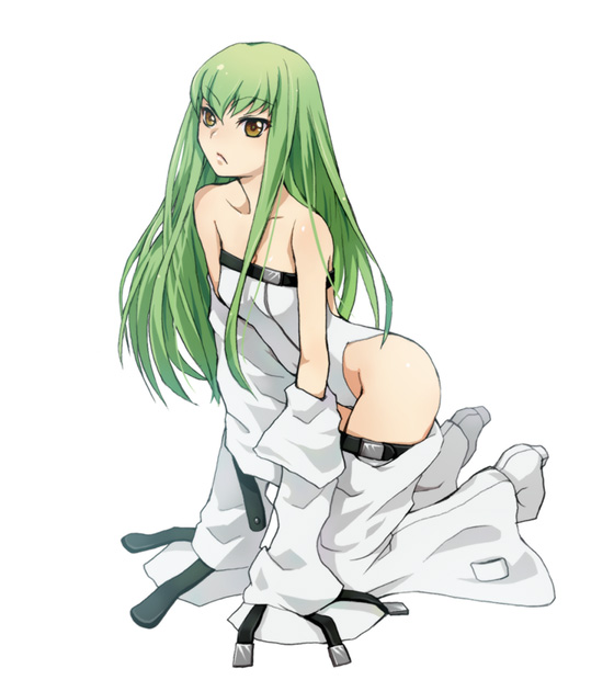 yukitsuki hisa, c.c., code geass, 00s, 1girl, bare shoulders, collarbone, female focus, full body, green hair, kneeling, long hair, simple background, solo, strapless, thighhighs, thighs, white background, white thighhighs, yellow eyes