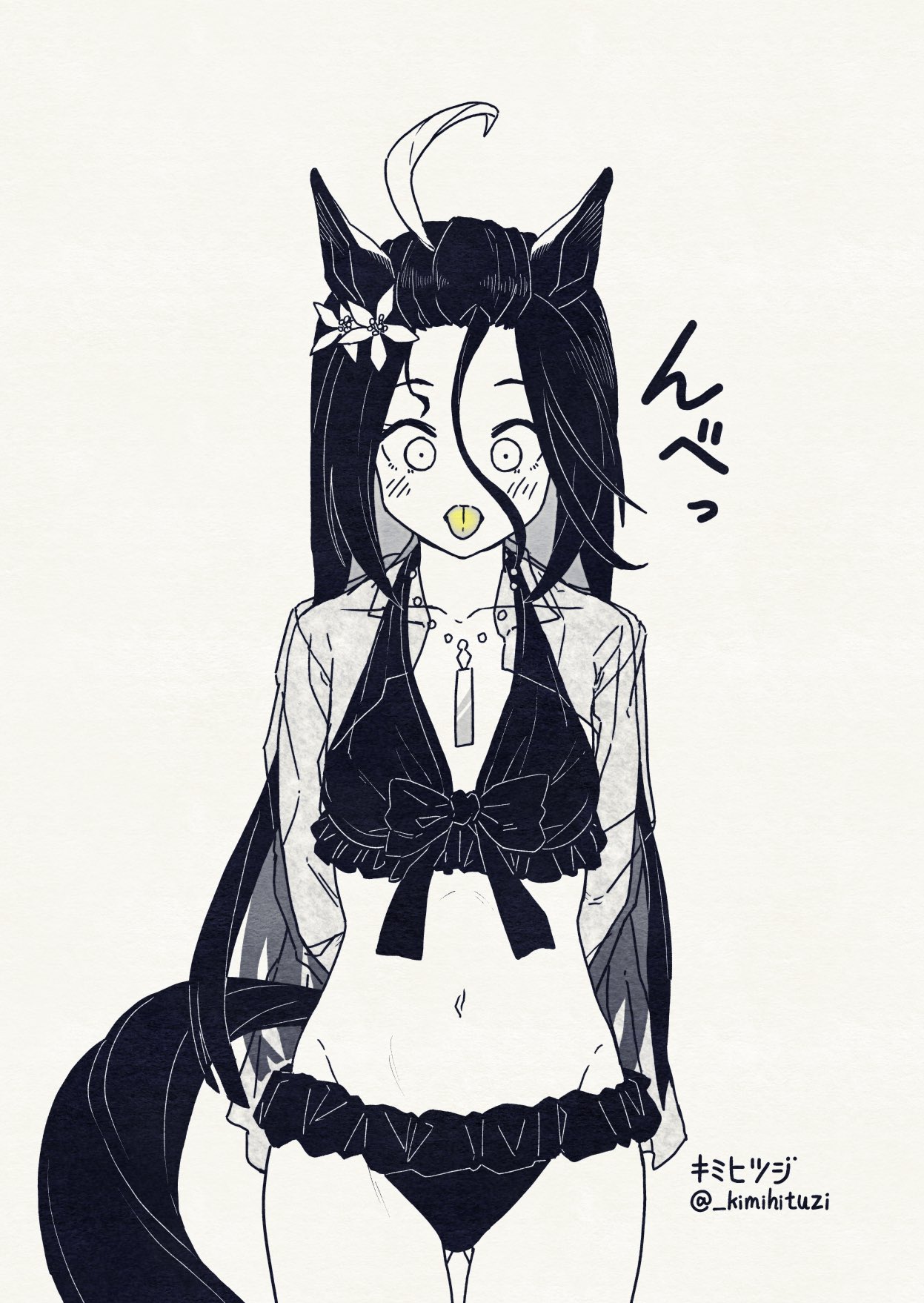 kimihitsuji, manhattan cafe (umamusume), manhattan cafe (verdant night) (umamusume), umamusume, highres, animal ears, ear ornament, ear tag, greyscale, hair between eyes, horse ears, horse girl, horse tail, long hair between eyes, monochrome, tail