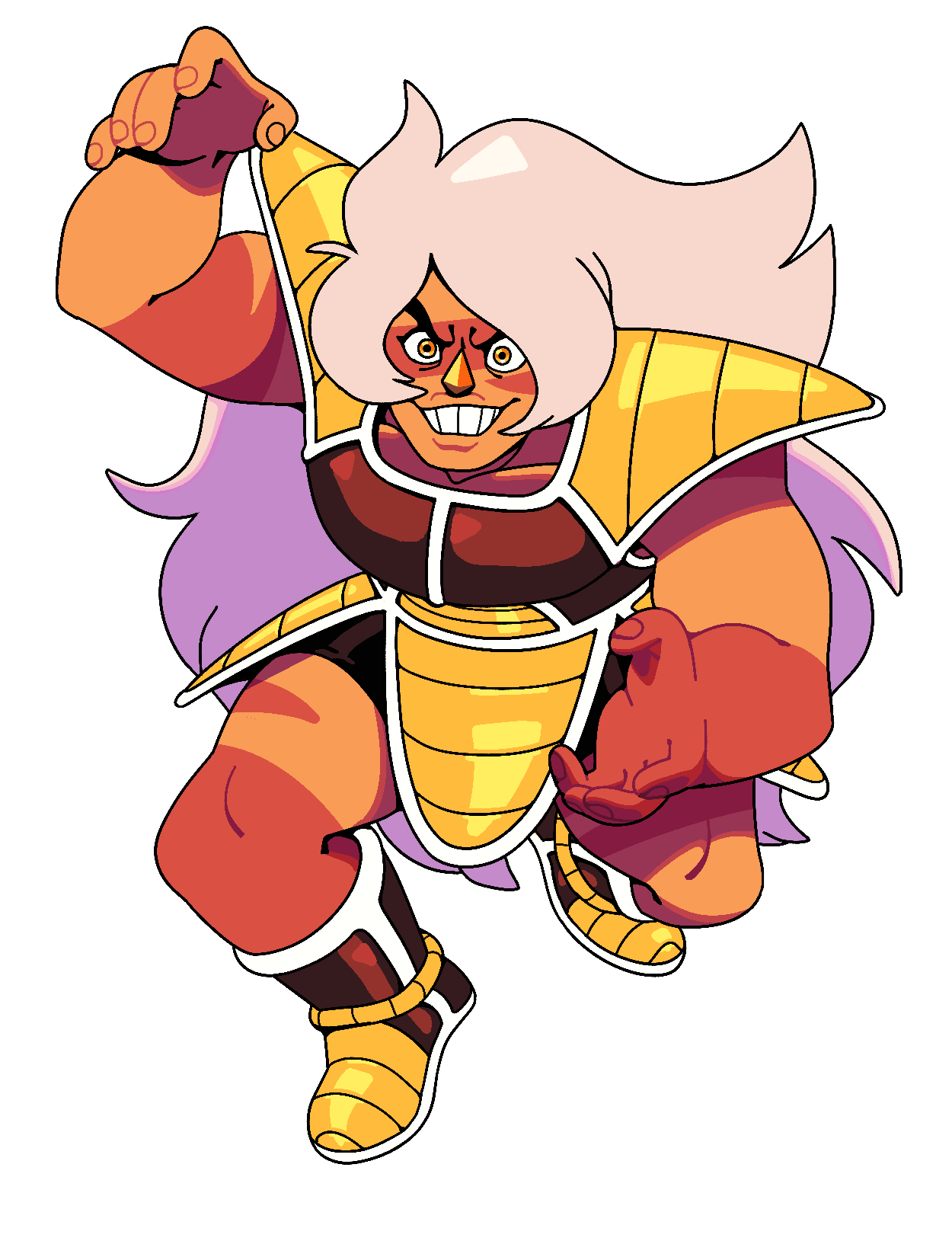 discount-supervillain, jasper (steven universe), dragon ball, dragonball z, steven universe, highres, 1girl, colored skin, cosplay, gem, grin, lips, long hair, multicolored skin, muscular, muscular female, orange skin, saiyan armor, smile, tomboy, very long hair
