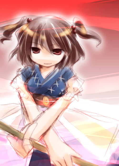 line miyako, onozuka komachi, touhou, 1girl, belt, breasts, brown hair, female focus, hair ornament, japanese clothes, kimono, large breasts, looking at viewer, plait, red background, red eyes, rod, sketch, smile, solo