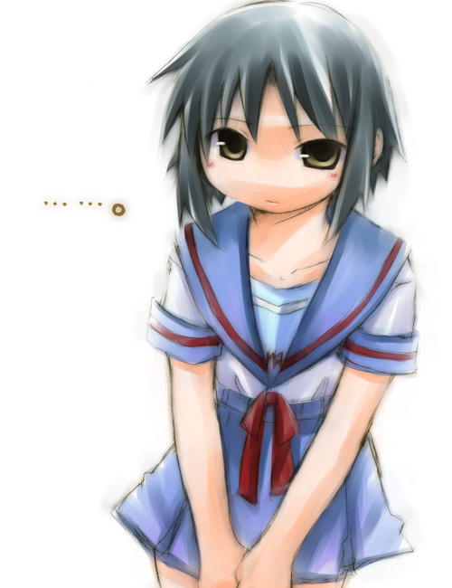 line miyako, nagato yuki, suzumiya haruhi no yuuutsu, …, 00s, 1girl, black eyes, black hair, female focus, hands on lap, ribbon, school uniform, serafuku, short hair, skirt, solo, white background