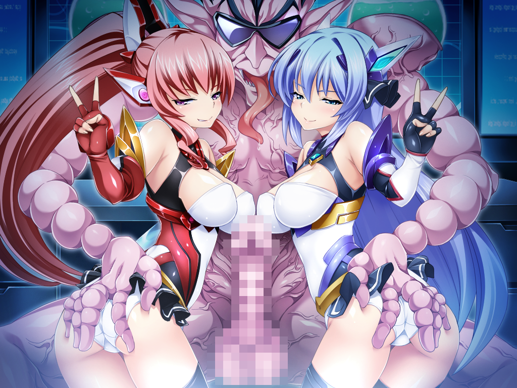 miyagoe yoshitsuki, exs-tia, exs-tia chevalier, katsuragi marina, rieszverne suzette paladill, kouyoku senki exs-tia, game cg, large variant set, non-web source, official art, variant set, 1boy, 2girls, ass, bare shoulders, black gloves, blue eyes, blue hair, blush, breasts, censored, cleavage, elbow gloves, exs-tia (exs-tia 1), exs-tia chevalier (exs-tia 2), fang, ffm threesome, fingerless gloves, ganusgil, gloves, group sex, hair ornament, half-closed eyes, headgear, hetero, large breasts, leotard, long hair, long tongue, looking at viewer, magical girl, monster, mosaic censoring, multiple girls, penis, pink hair, pointy ears, ponytail, purple eyes, red hair, smile, sunglasses, testicles, thighhighs, threesome, tongue, tongue out, v, veins, very long hair