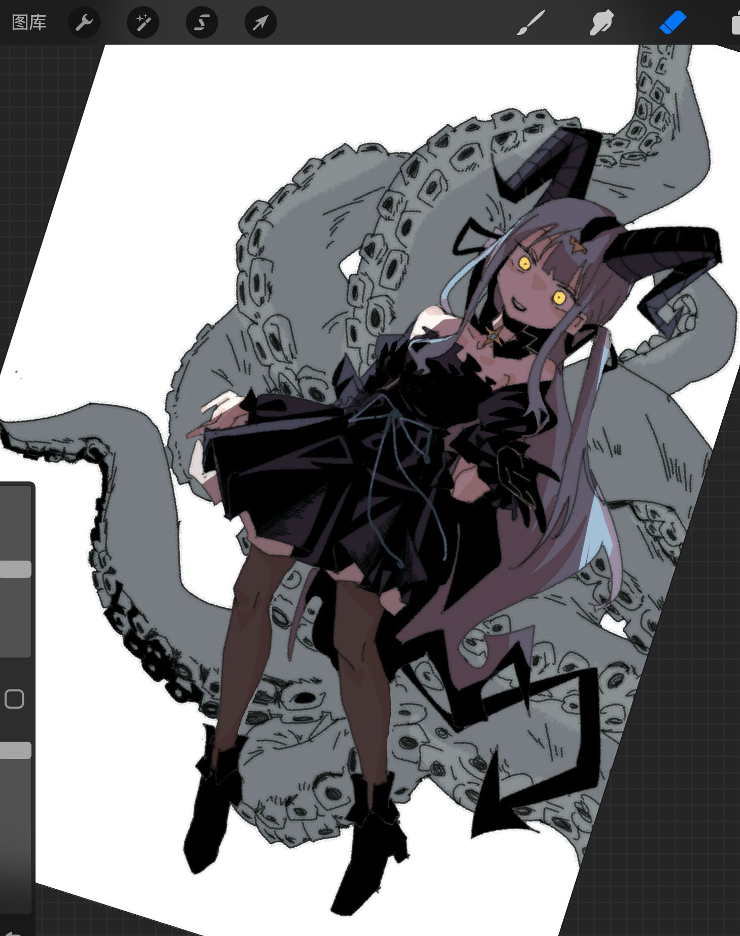 zongchi, togawa sakiko, arknights, bang dream!, bang dream! it's mygo!!!!!, chinese commentary, commentary request, highres, unfinished, 1girl, art program in frame, black boots, black dress, black gloves, black horns, black ribbon, black tail, blue hair, blunt bangs, boots, curled horns, detached collar, dress, frilled dress, frills, full body, gloves, glowing, glowing eyes, hair ribbon, hand up, horns, long hair, looking at viewer, ribbon, sidelocks, simple background, smile, solo, tail, tentacles, thighhighs, togawa sakiko (master of melodia), white background, yellow eyes