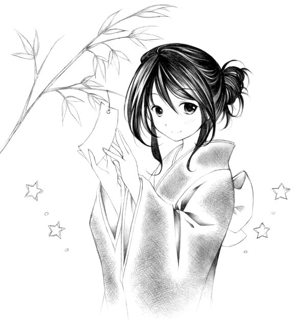 aoya minako, tagme, greyscale, japanese clothes, kimono, monochrome, solo, tanabata, tanzaku