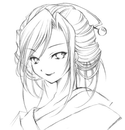 aoya minako, lowres, tagme, greyscale, japanese clothes, kimono, monochrome, sketch, solo