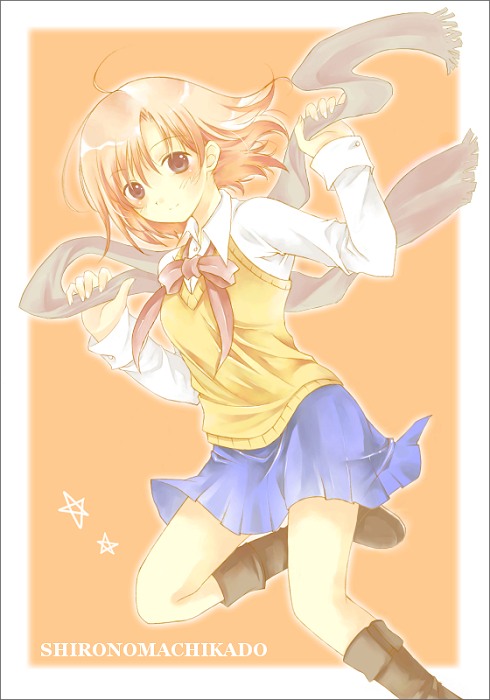 aoya minako, 1girl, ahoge, blush, boots, dress shirt, female focus, long sleeves, looking at viewer, orange background, scarf, school uniform, serafuku, shirt, simple background, skirt, smile, solo, sweater vest, white shirt