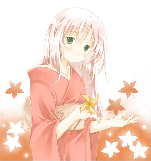 aoya minako, green eyes, japanese clothes, kimono, leaf, maple leaf, pink hair, pinwheel, solo