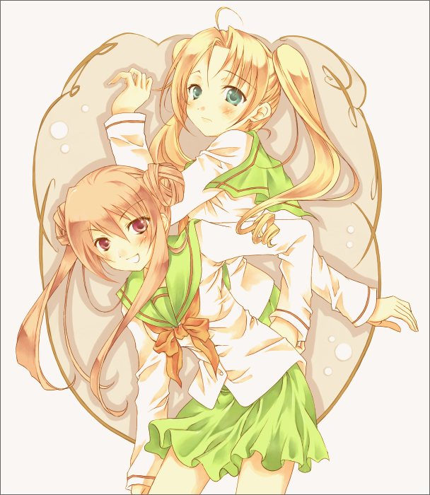 aoya minako, light brown hair, 2girls, :d, ahoge, aqua eyes, blonde hair, blush, bow, hair bun, hand on own hip, leaning forward, long hair, long sleeves, multiple girls, open mouth, parted bangs, red eyes, school uniform, serafuku, single hair bun, skirt, smile, twintails