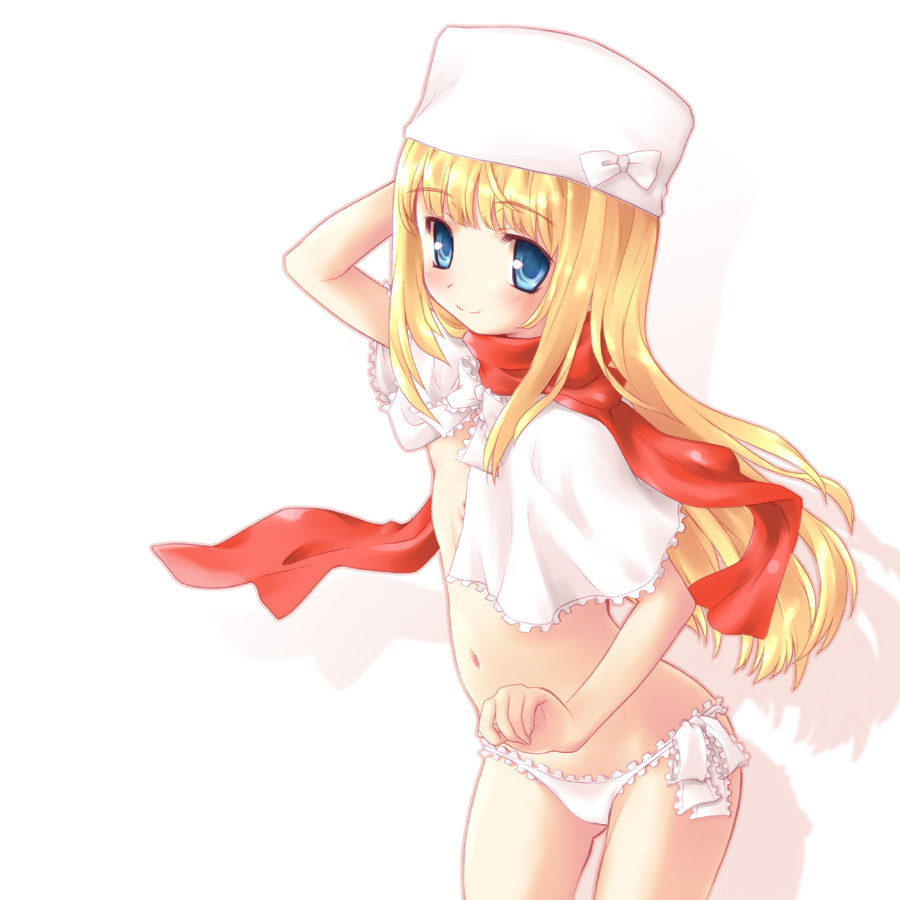 aoi kumiko, original, 1girl, blonde hair, blue eyes, female focus, flat chest, hat, loli, long hair, panties, scarf, side-tie panties, solo, underwear, white panties
