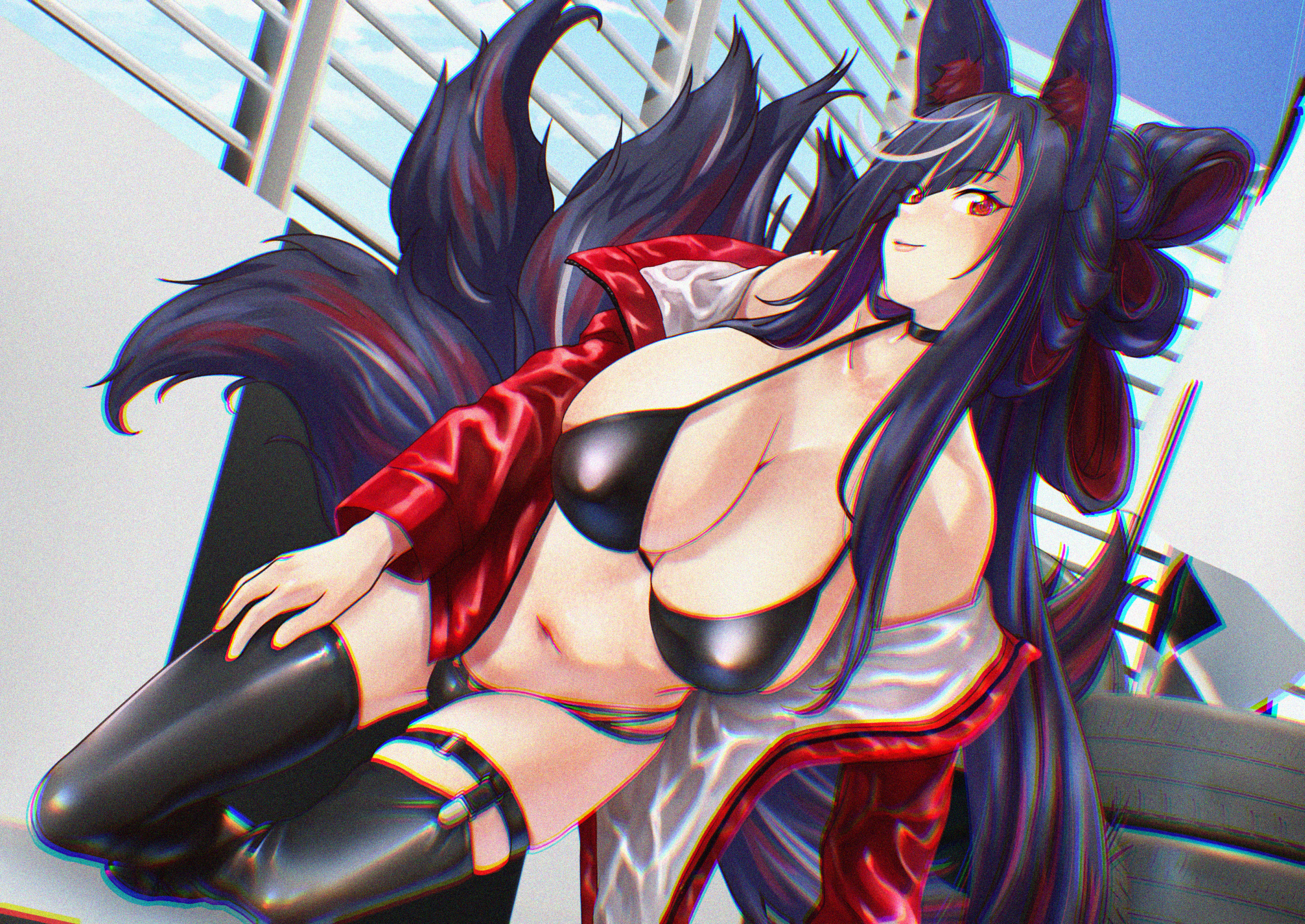 eggprotain, taihou (azur lane), taihou (enraptured companion) (azur lane), azur lane, oshiro project:re, character request, highres, 1girl, alternate costume, animal ears, bare shoulders, bikini, black bikini, black choker, black hair, black thighhighs, breasts, choker, cleavage, cosplay, folded hair, fox ears, fox girl, fox tail, hair between eyes, jacket, kitsune, kyuubi, large breasts, long hair, multi-strapped bikini bottom, multicolored hair, multiple tails, official alternate costume, race queen, red eyes, red jacket, streaked hair, swimsuit, taihou (azur lane) (cosplay), tail, thighhighs, unused tire, updo