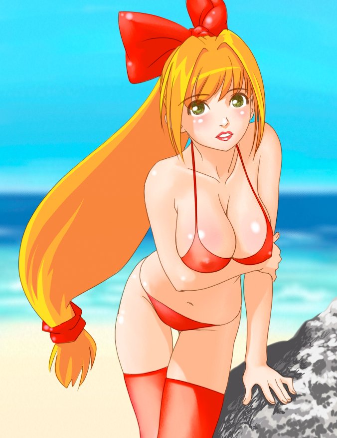 francine (daijaemon), original, 1girl, arm support, beach, bikini, blonde hair, blush, boulder, bow, breasts, cleavage, day, female focus, green eyes, hair bow, hanging breasts, large breasts, leaning forward, lipstick, looking at viewer, makeup, ocean, outdoors, red bikini, red lips, red thighhighs, sky, solo, swimsuit, thigh gap, thighhighs