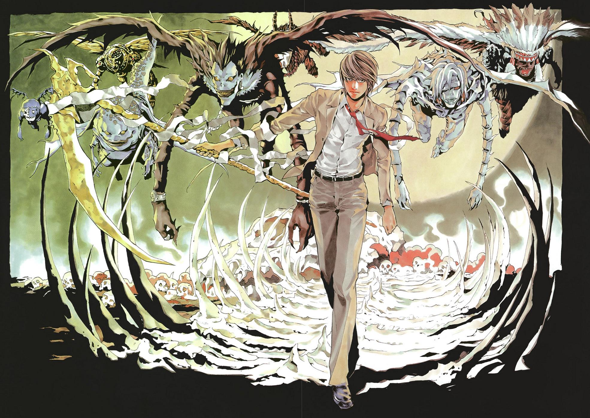 obata takeshi, rem (death note), ryuk, yagami light, death note, highres, official art, 00s, 5boys, bandages, black eyes, bone, brown hair, flying, full body, jacket, looking at viewer, male focus, multiple boys, necktie, pants, poster (medium), ribs, school uniform, scythe, serious, shinigami, shirt, short hair, skull, walking, wind