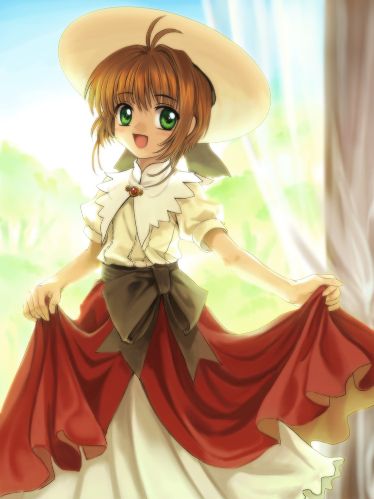 mutsuki (moonknives), kinomoto sakura, kinomoto sakura (memories), cardcaptor sakura, kodansha, 1990s (style), 1girl, ahoge, ascot, black bow, bow, brown hair, child, female focus, green eyes, hat, looking at viewer, retro artstyle, shirt, solo, white shirt, yellow hat
