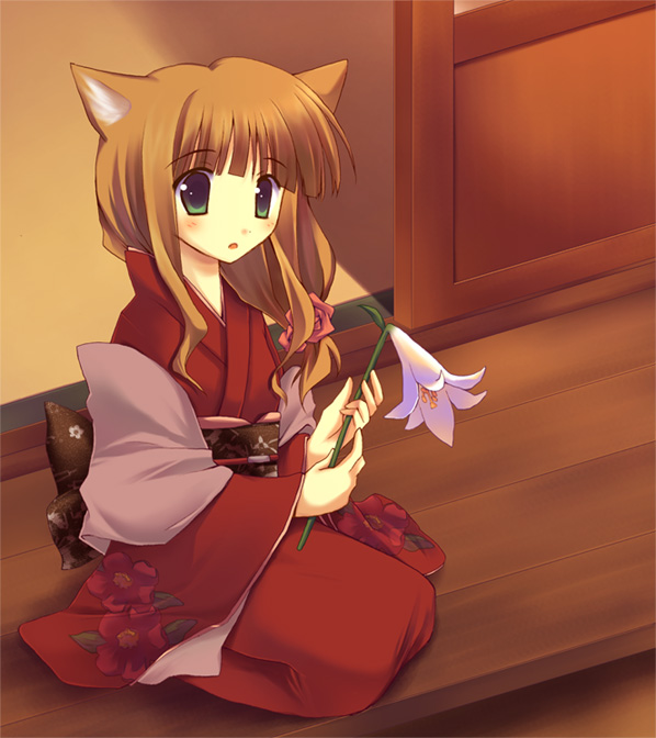 pokopi, original, 1girl, animal ears, brown hair, cat ears, female focus, floral print, flower, fox ears, green eyes, hair flower, hair ornament, holding, holding flower, japanese clothes, kimono, lily (flower), long hair, low-tied long hair, obi, red flower, red rose, rose, sash, seiza, shawl, sitting, solo, yukata
