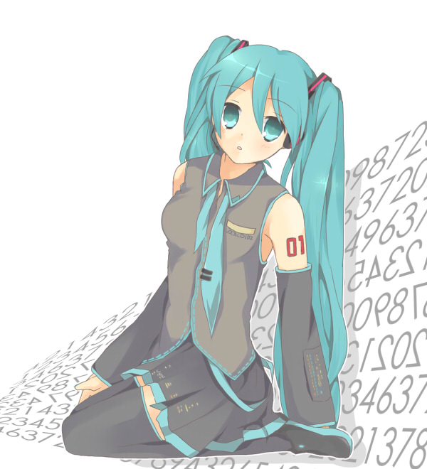 hizu, ichiya (obey), hatsune miku, vocaloid, 1girl, aqua hair, black thighhighs, female focus, hair between eyes, necktie, solo, thighhighs, twintails, undone necktie