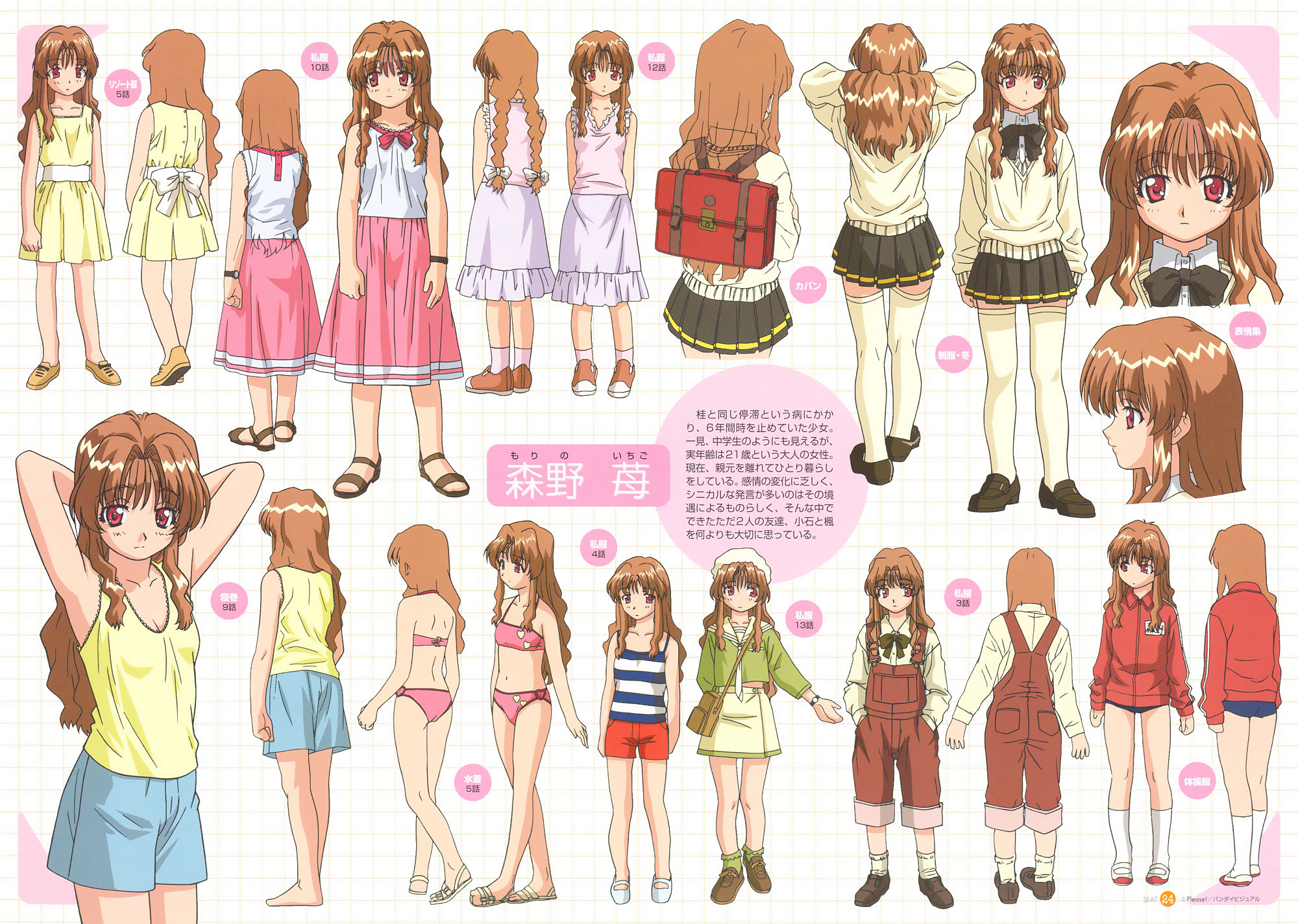 hayashiya shizuru, morino ichigo, onegai teacher, highres, scan, 00s, 1girl, arms up, bikini, brown hair, long hair, multiple views, red eyes, reference sheet, school uniform, serafuku, swimsuit, thighhighs, turnaround