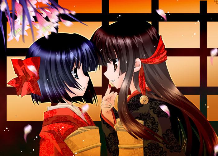 takatori umi (artist), original, bell, black hair, blue eyes, blue hair, brown eyes, flower, japanese clothes, kimono, long hair, ribbon, short hair