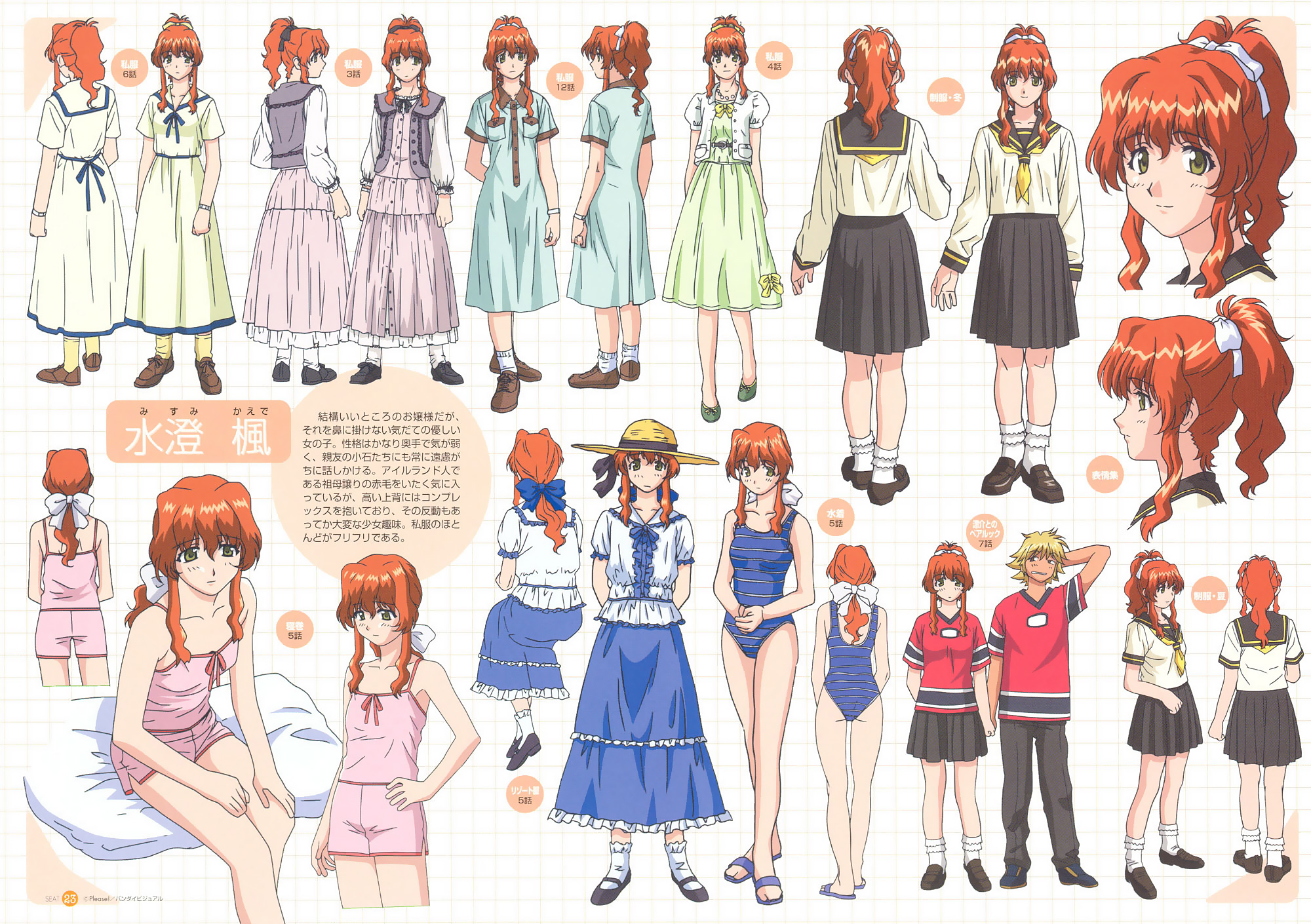 hayashiya shizuru, misumi kaede, onegai teacher, highres, scan, 00s, 1boy, 1girl, lingerie, multiple views, nightgown, one-piece swimsuit, red hair, school swimsuit, school uniform, serafuku, swimsuit, tears, underwear