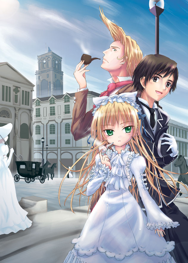 rokuro (riya), greville de blois, kujou kazuya, victorica de blois, gosick, 2boys, blonde hair, brown eyes, brown hair, carriage, goth fashion, gothic lolita, green eyes, holding, holding smoking pipe, horse, lolita fashion, multiple boys, parasol, smoking pipe, umbrella