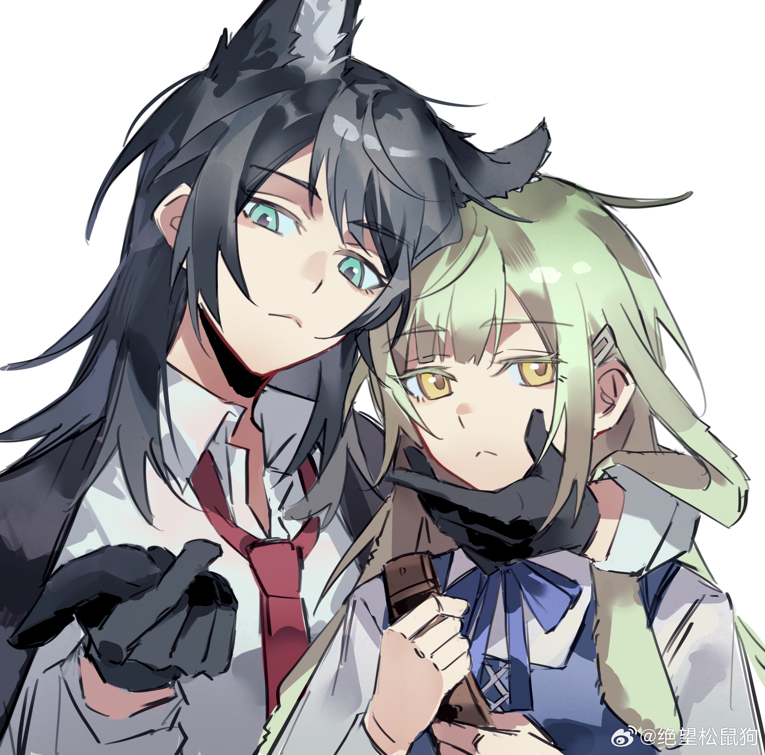 shiba257, wakaba mutsumi, yahata umiri, arknights, bang dream!, bang dream! it's mygo!!!!!, absurdres, commentary, highres, symbol-only commentary, 2girls, animal ears, black gloves, black hair, blue eyes, closed mouth, collared shirt, floppy ears, gloves, green hair, hand on another's chin, kemonomimi mode, long hair, long sleeves, looking at viewer, medium hair, multiple girls, neck ribbon, necktie, rabbit ears, rabbit girl, red necktie, ribbon, shirt, sidelocks, simple background, upper body, wakaba mutsumi (marionette's id), white background, white shirt, wolf ears, wolf girl, yahata umiri (moonlight executioner), yellow eyes