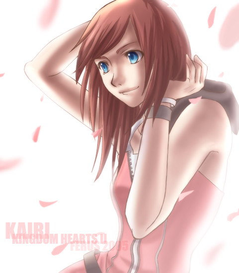 kairi (shery rakuura), kairi (kingdom hearts), kingdom hearts, kingdom hearts ii, 1girl, arms up, bare shoulders, belt, blue eyes, bracelet, character name, copyright name, female focus, jewelry, petals, red hair, short hair, simple background, sleeveless, smile, solo, standing, upper body, vest, white background