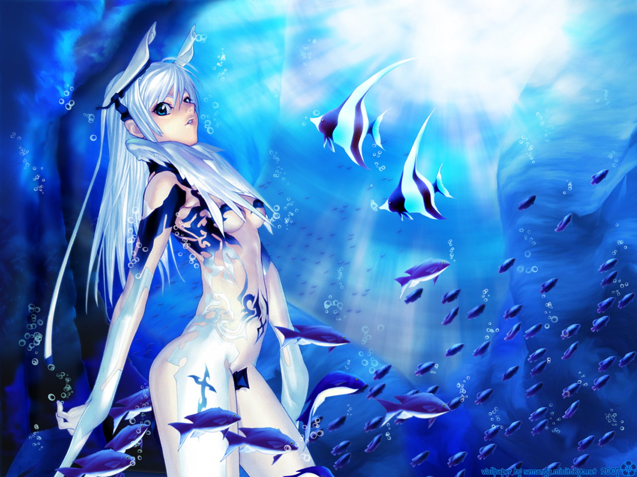 hakua ugetsu, original, 1girl, blue eyes, blue hair, blue theme, breasts, bubble, female focus, fish, hair ornament, large breasts, long hair, matching hair/eyes, ocean, solo, underboob, water, white hair