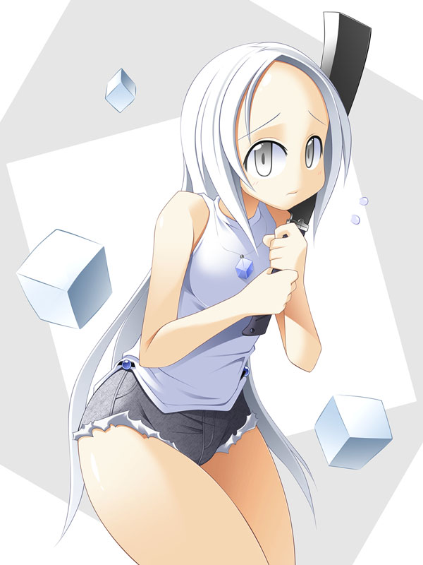 original, artist request, 1girl, cube, cutoffs, denim, denim shorts, female focus, long hair, shorts, solo, sword, thighs, weapon, white hair