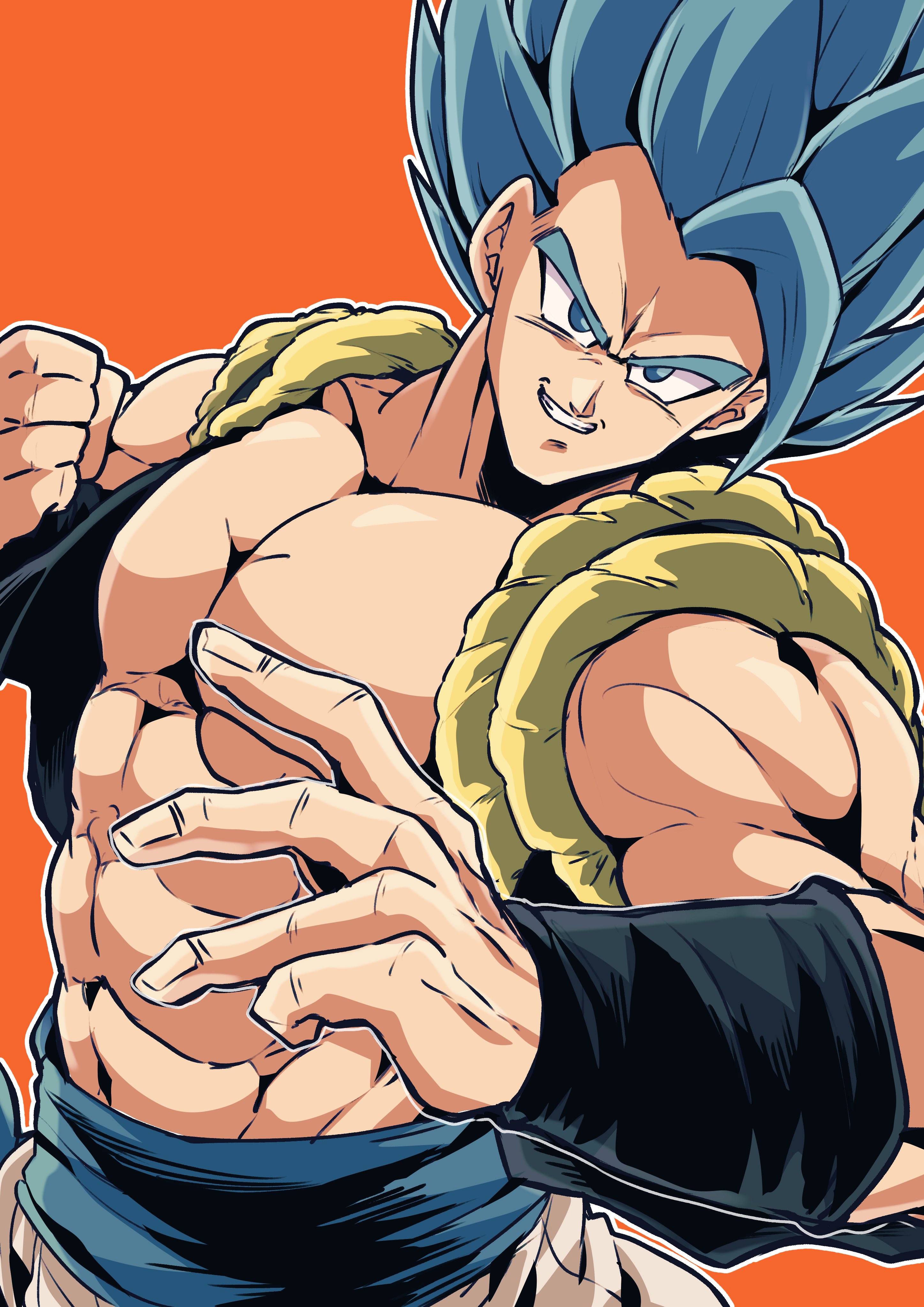 otyumamii, gogeta, dragon ball, dragon ball super, dragon ball super broly, absurdres, commentary request, highres, 1boy, abs, arm guards, black vest, blue eyes, blue hair, blue sash, clenched hand, grin, looking at viewer, male focus, metamoran vest, muscular, muscular male, orange background, pants, sash, single bang, sketch, smile, solo, spiked hair, super saiyan, super saiyan blue, upper body, vest, white pants