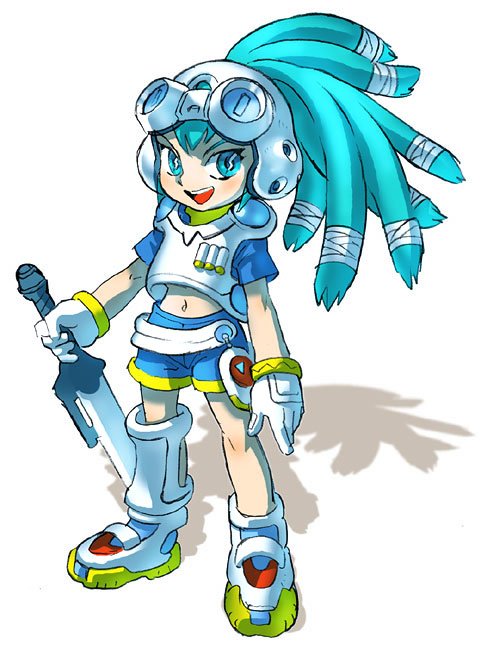 funbolt, unko tarou, king gainer, overman king gainer, 00s, 1girl, armor, blue eyes, blue hair, dreadlocks, female focus, full body, gloves, goggles, matching hair/eyes, mecha musume, midriff, navel, solo, standing, sword, weapon