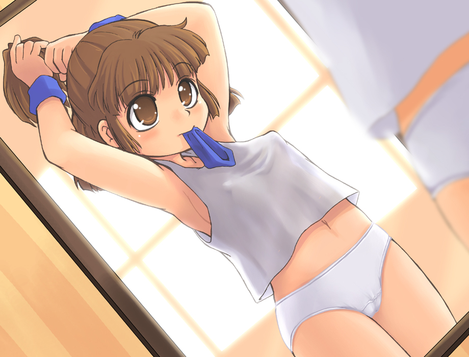 stupa13a, arle nadja, madou monogatari, puyopuyo, 1girl, armpits, arms up, blurry, breasts, brown eyes, brown hair, camisole, covered erect nipples, depth of field, dutch angle, female focus, hairdressing, loli, mirror, mouth hold, navel, panties, ponytail, small breasts, solo, underwear, underwear only, wristband