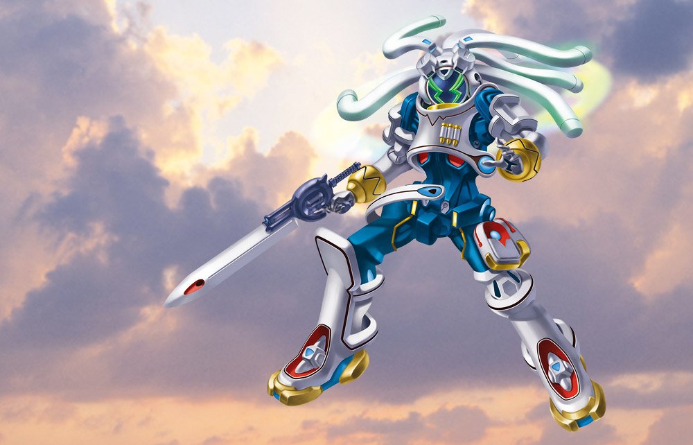 funbolt, unko tarou, king gainer, overman king gainer, 00s, mecha, mecha focus, no humans, robot, sky, solo, super robot, sword, weapon