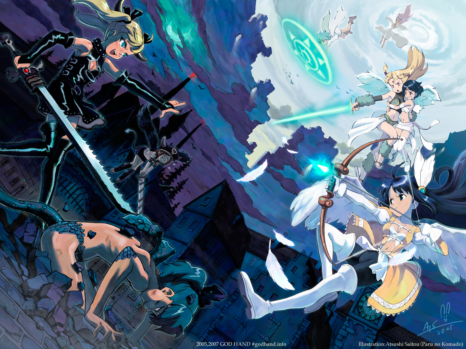 god hand (artist), original, highres, 6+girls, angel, angel wings, boots, bow (weapon), elbow gloves, feathers, gloves, multiple girls, sword, tail, thigh boots, thighhighs, weapon, wings