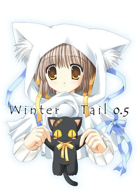 nekoneko, winter tail, 1girl, animal ears, bandaid, cat, cat ears, female focus, ribbon, solo, white hair, yellow eyes