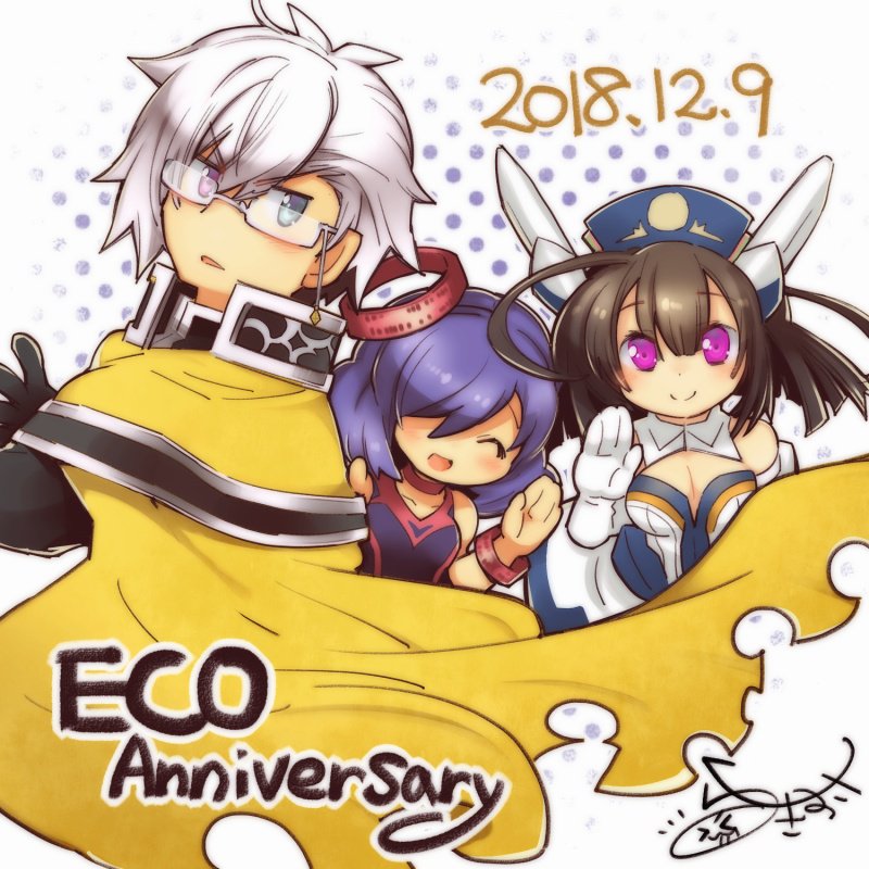 rakisuke, emil chronicle online, 1boy, 2girls, ahoge, android, anniversary, artist name, blue dress, blue eyes, breasts, brown hair, cleavage, dated, dress, elbow gloves, glasses, gloves, hair over eyes, halo, hat, heterochromia, horns, kaguya (eco), mechanical ears, medium breasts, multiple girls, nurse cap, open mouth, phantom alma, purple dress, purple eyes, purple hair, red halo, red wrist cuffs, signature, sleeveless, sleeveless dress, smile, white dress, white gloves, white hair, wrist cuffs, yellow cloak