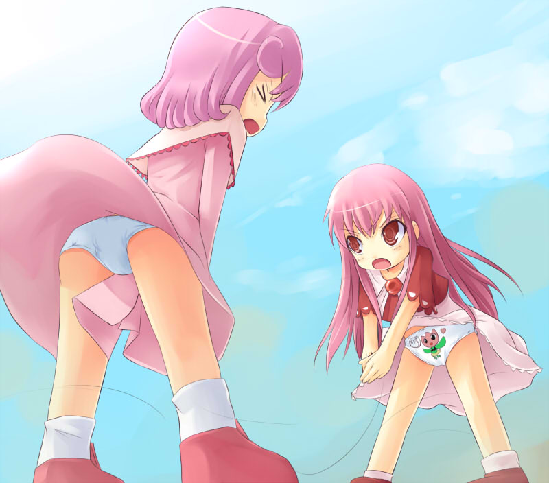 kuro (be ok), safi, koruru, tio (konjiki no gash!!), konjiki no gash!!, 00s, 2girls, loli, long hair, multiple girls, panties, pink hair, print panties, red hair, underwear, wind, wind lift