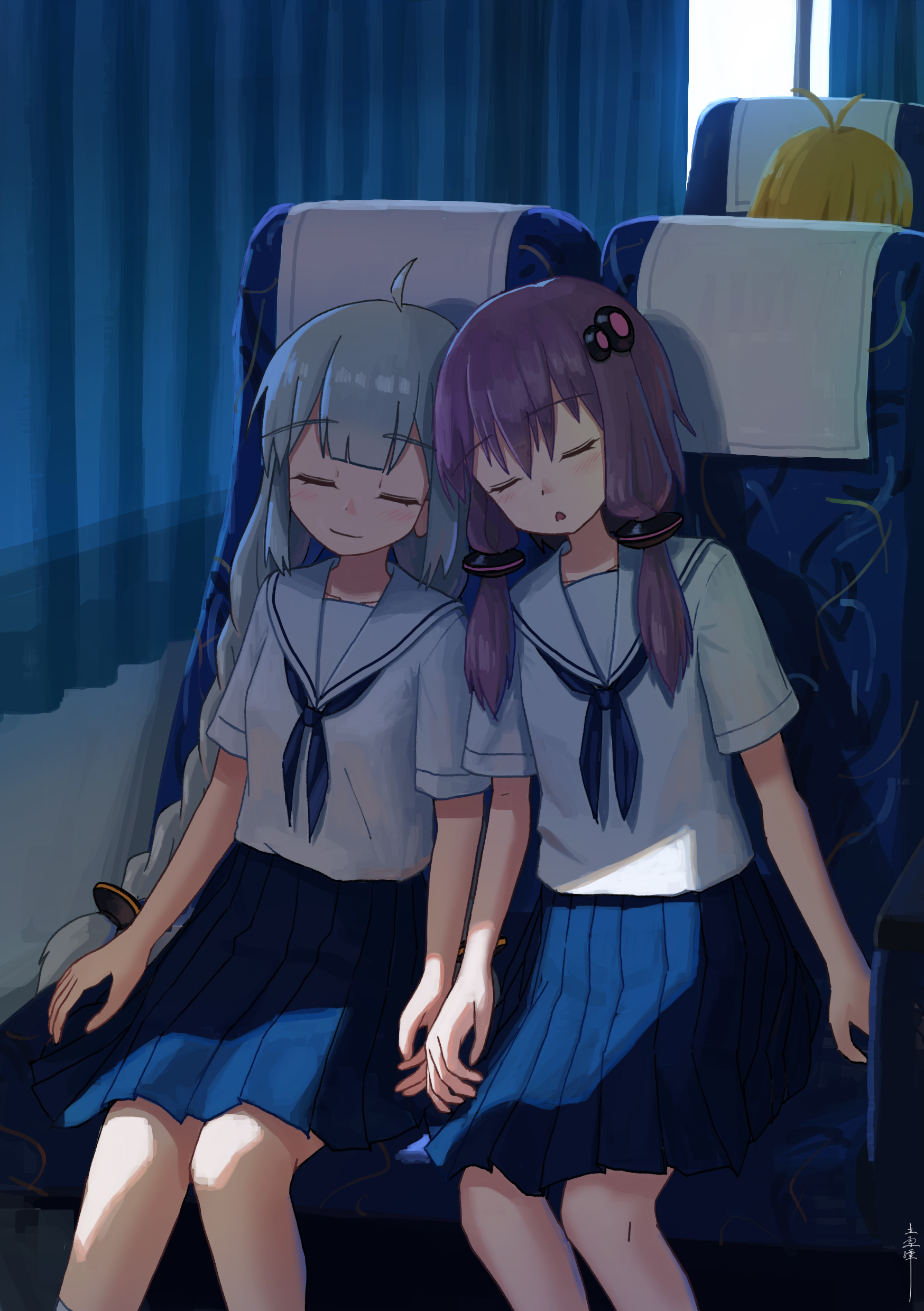 tateyuki, kizuna akari, tsurumaki maki, yuzuki yukari, voiceroid, absurdres, highres, 3girls, ahoge, antenna hair, blonde hair, braid, bus interior, closed eyes, long hair, multiple girls, purple hair, school uniform, serafuku, short hair with long locks, sitting, sleeping, sleeping on person, twin braids, very long hair, white hair