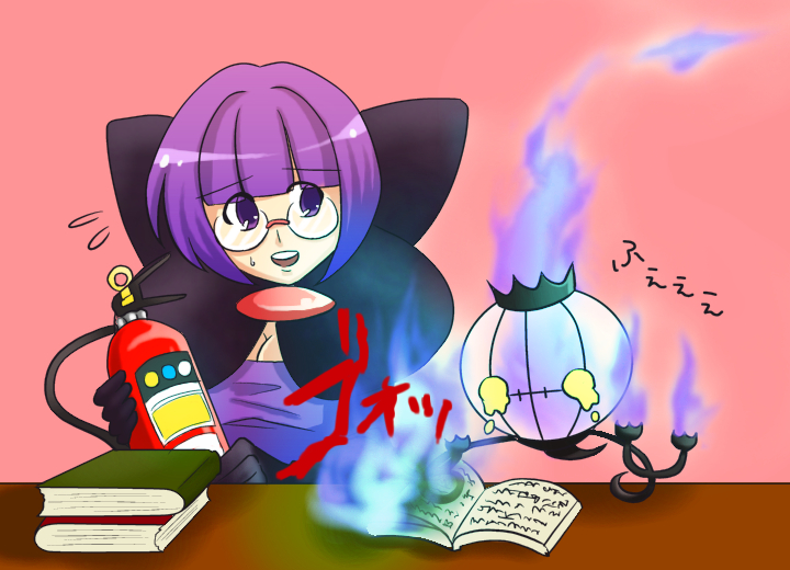 chandelure, shauntal (pokemon), nintendo, pokemon, pokemon bw, commentary request, translation request, 1girl, blue fire, blunt bangs, bob cut, book, bow, breasts, chandelier, cleavage, elbow gloves, fire, gen 5 pokemon, ghost, glasses, gloves, holding fire extinguisher, large bow, low-cut, makoppechino1991, open mouth, pokemon (creature), purple eyes, purple fire, purple hair, rimless eyewear, round eyewear, short hair, sweatdrop, tearing up, teeth, upper teeth only, yellow eyes