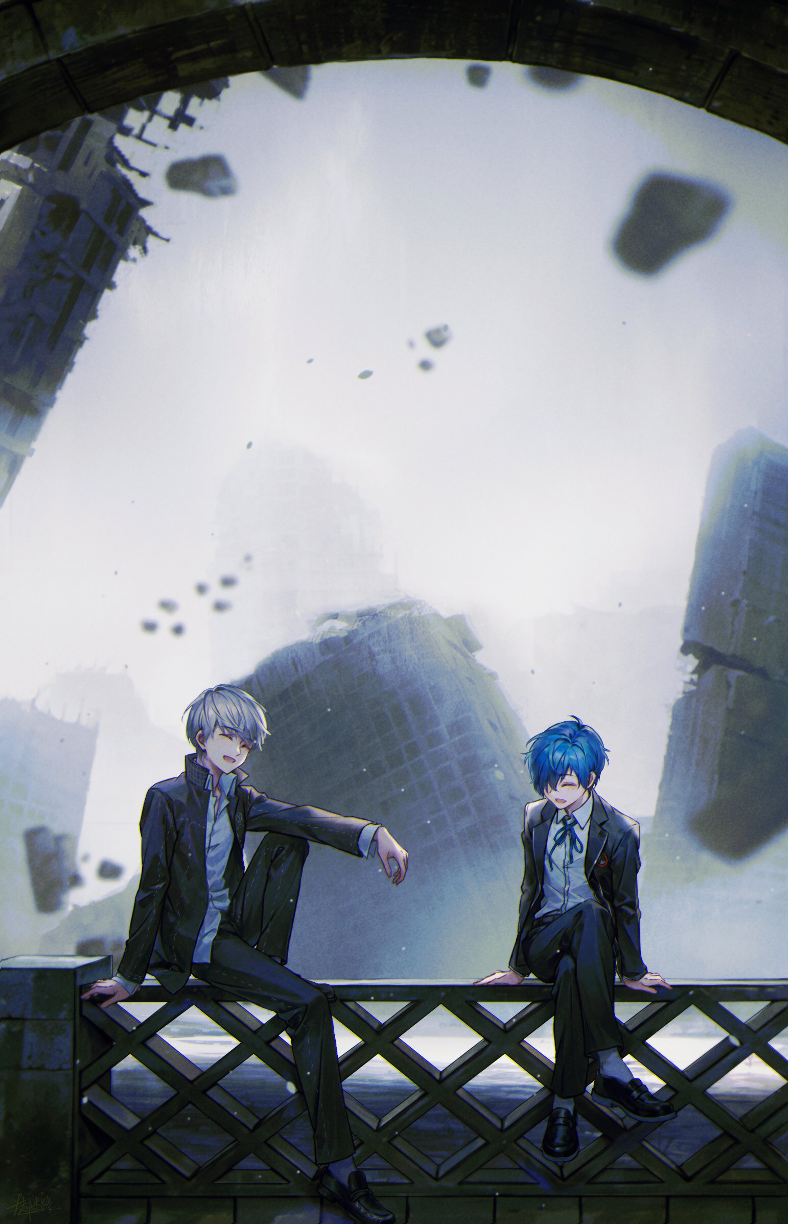 kotomeiro, narukami yu, yuuki makoto (persona 3), persona, persona 3, persona 4, commentary request, highres, 2boys, :d, abandoned, arm on knee, black jacket, black pants, black shoes, blue hair, blue ribbon, building, closed eyes, dress shirt, facing another, facing viewer, gekkoukan high school uniform, hair over one eye, hand on railing, jacket, knee up, long sleeves, messy hair, multiple boys, on railing, open mouth, outdoors, pants, parted lips, post-apocalypse, railing, ribbon, rubble, ruins, school uniform, shirt, shoes, short hair, sitting, smile, socks, white hair, white shirt, white socks, yasogami school uniform